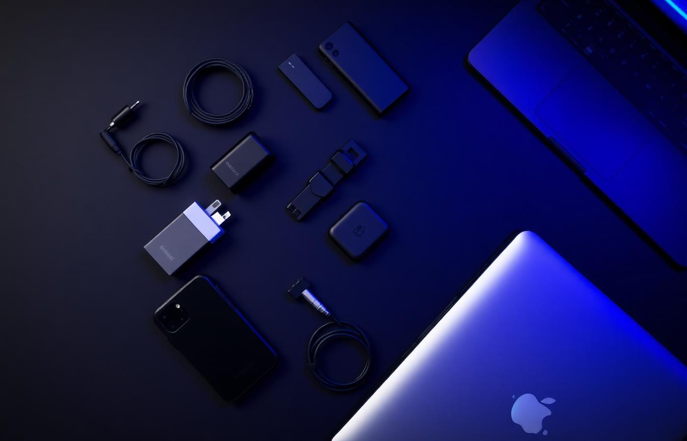 Mobile accessories and laptops arranged on a dark surface