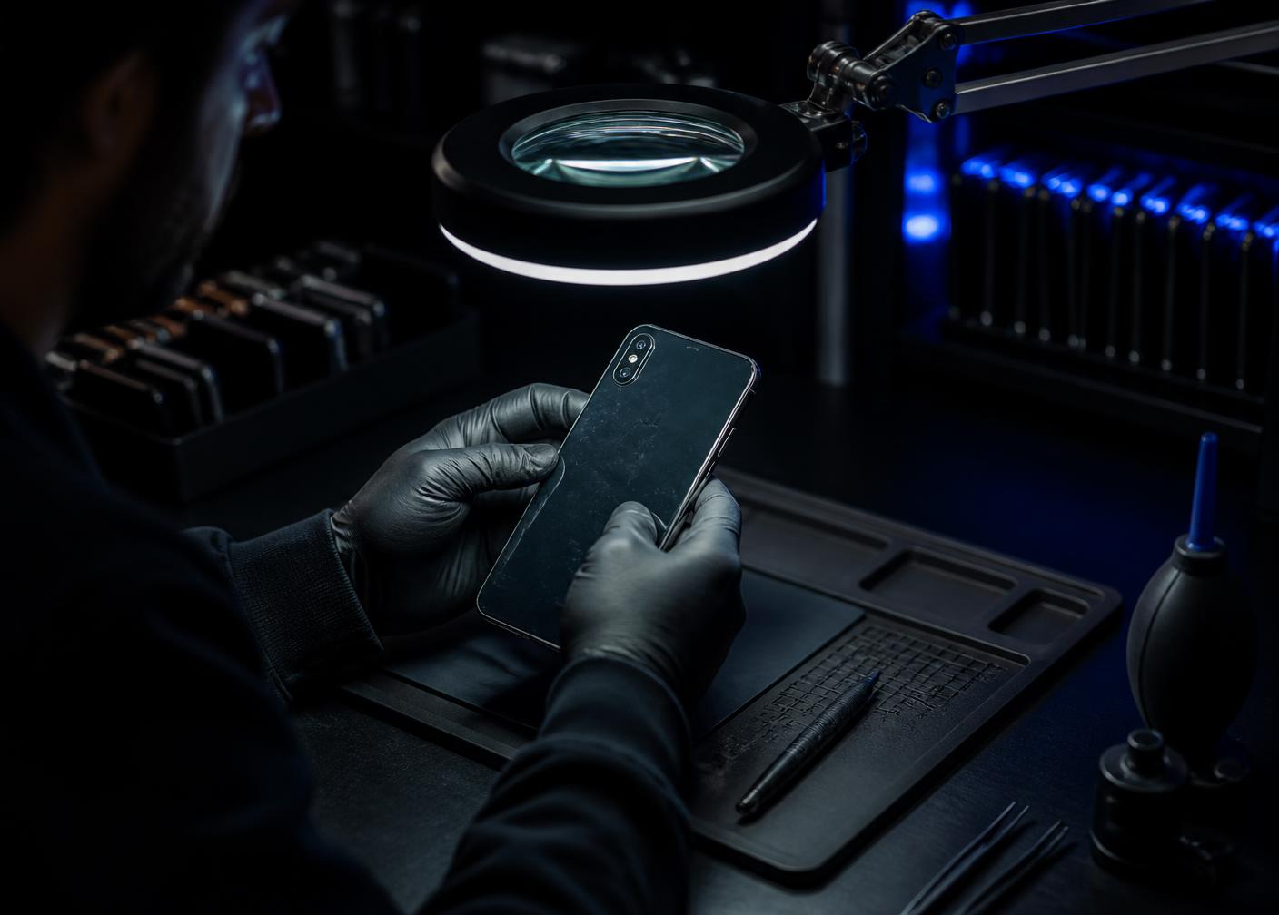 Technician inspecting a pre-owned smartphone under an inspection lamp